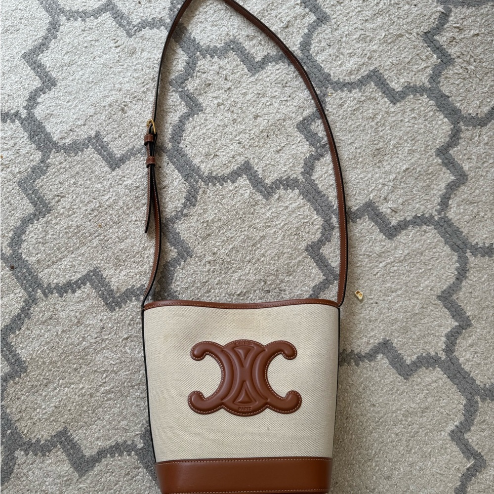 Celine Beige Canvas and Brown Leather Small Crossbody Bucket Bag